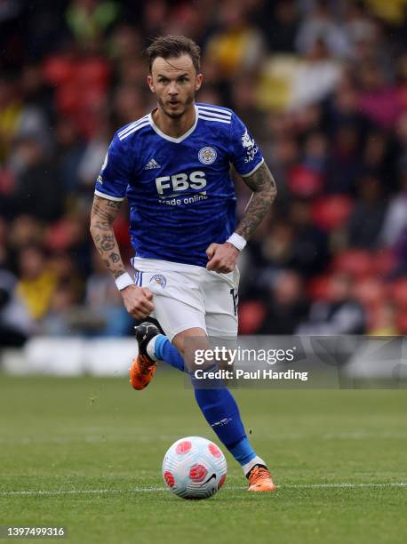 James Maddison of Leicester City runs with the ball during the Premier League match between Watford and Leicester City at Vicarage Road on May 15,...