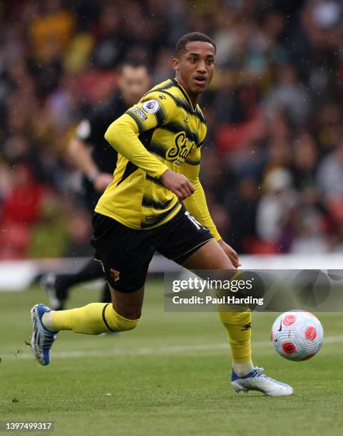 Joao Pedro of Watford FC runs with the ball during the Premier League match between Watford and Leicester City at Vicarage Road on May 15, 2022 in...