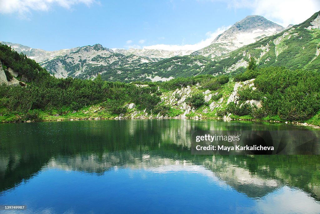 Crystal clear water in mountain lake, summer view