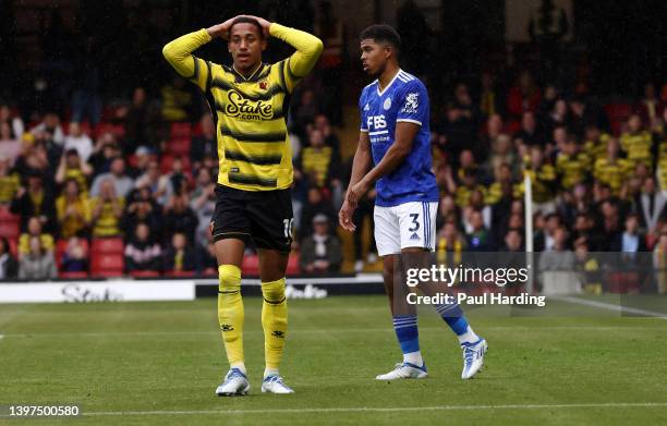 Joao Pedro of Watford FC reacts after a missed chance during the Premier League match between Watford and Leicester City at Vicarage Road on May 15,...