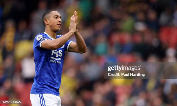 Youri Tielemans of Leicester City applauds the fans during the Premier League match between Watford and Leicester City at Vicarage Road on May 15,...
