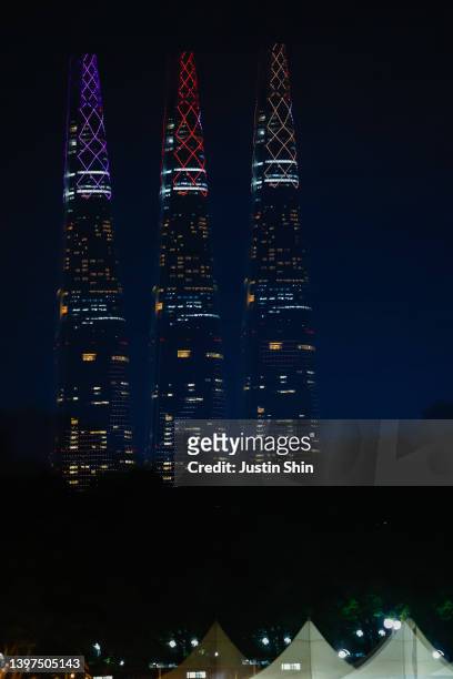 Scenery of Lotte World Tower during "Jannabi" performance at Beautiful Mint Life Music Festival at Olympic Park on May 13, 2022 in Seoul, South Korea.