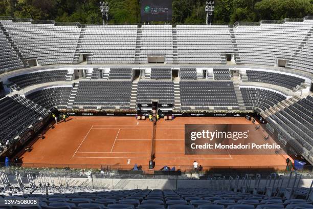 Pan shot foro italico central court empty during the Italian open of tennis at Foro Italico. Rome , May 15th, 2022