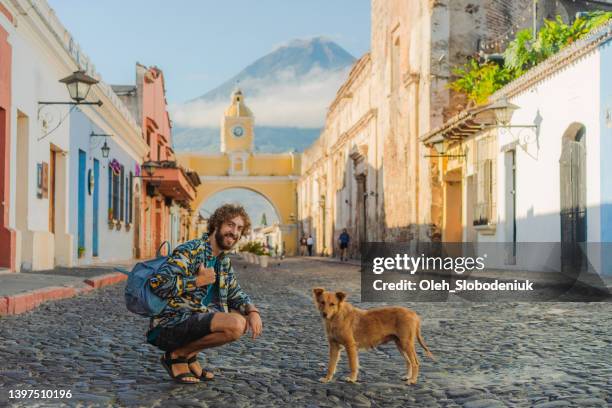 man petting stray dog on streets of antigua - guatemala city skyline stock pictures, royalty-free photos & images