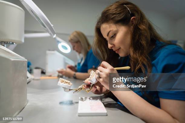 weibliche techniker, im dentallabor, die zahnersatz herstellen - bildtechnik stock-fotos und bilder