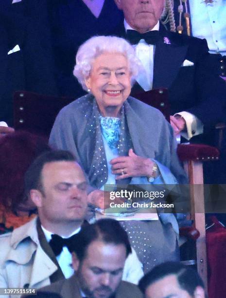 Queen Elizabeth II looks on from the Royal Box during her Official Platinum Jubilee Celebration "A Gallop Through History" performance as part of the...