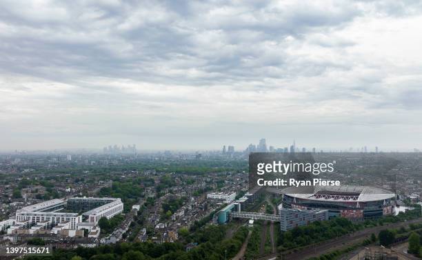 An aerial view of Highbury , the former home ground of Arsenal FC and their current home ground , Emirates Stadium on May 15, 2022 in London, England.