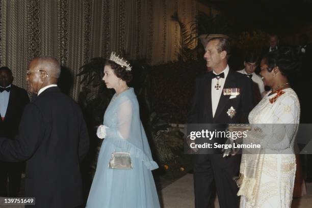 Queen Elizabeth II and Prince Philip with Hastings Banda , President of Malawi, during their visit to Malawi, July 1979.