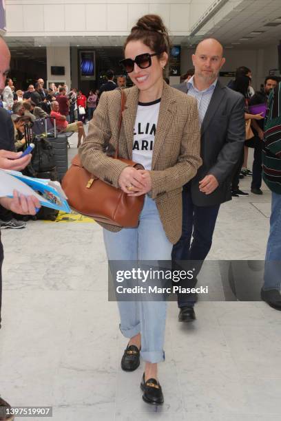 Actress Noomi Rapace is seen arriving ahead of the 75th annual Cannes film festival at Nice Airport on May 16, 2022 in Nice, France.