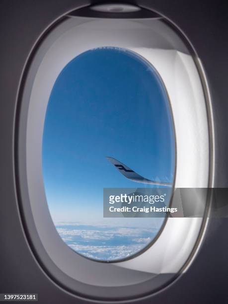 view through window of finnairs new a350 and wing tip - airbus a350 ストックフォトと画像