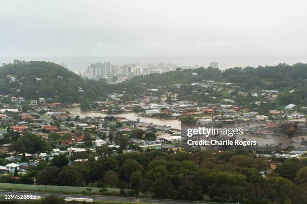 aerial of major storms and flooding in australia - queensland flood stock pictures, royalty-free photos & images