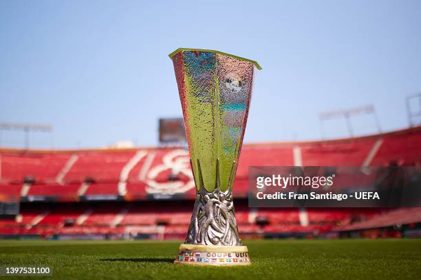 Detailed view of the UEFA Europa League trophy at Estadio Ramon Sanchez Pizjuan on May 16, 2022 in Seville, Spain. Rangers FC will face Eintracht...