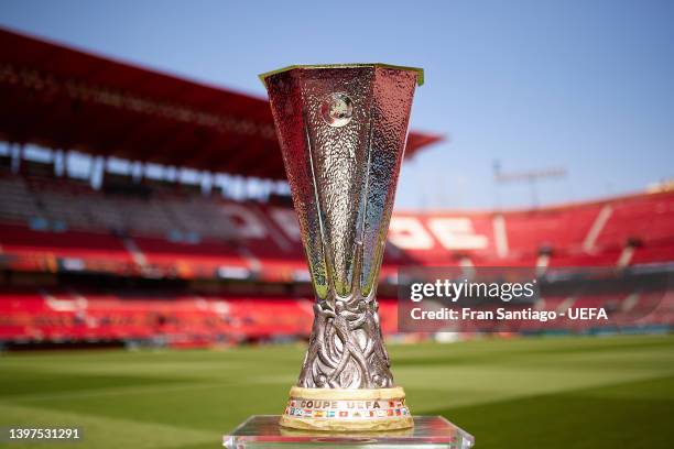 Detailed view of the UEFA Europa League trophy at Estadio Ramon Sanchez Pizjuan on May 16, 2022 in Seville, Spain. Rangers FC will face Eintracht...