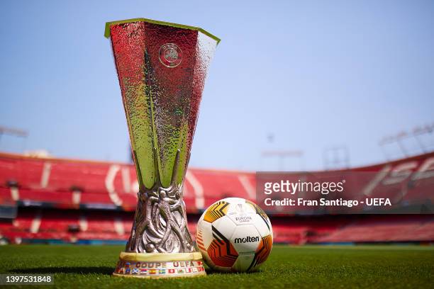 Detailed view of the UEFA Europa League trophy and the oficial match ball at Estadio Ramon Sanchez Pizjuan on May 16, 2022 in Seville, Spain. Rangers...