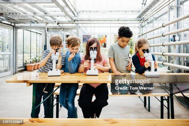 group of school children looking through microscopes while on field  trip - germany training stock pictures, royalty-free photos & images