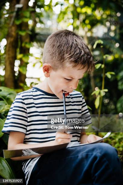 young boy thinking while doing written exercise during field trip - worksheet stock pictures, royalty-free photos & images