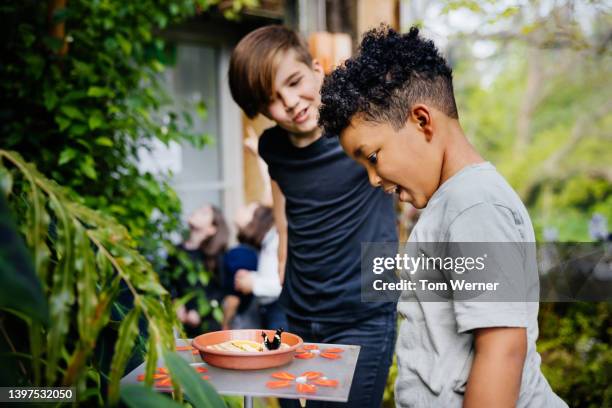 young boys looking at butterfly while exploring garden centre during school trip - butterfly effect stock pictures, royalty-free photos & images