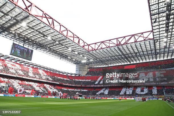 Fans of AC Milan display a message inside of the stadium ahead of the Serie A match between AC Milan and Atalanta BC at Stadio Giuseppe Meazza on May...