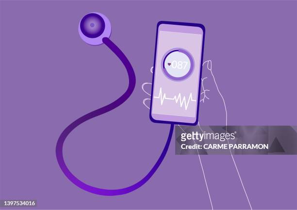 doctor hand calcutating the heart rate with a mobile phone and a stethoscope - prophylaxie stock illustrations