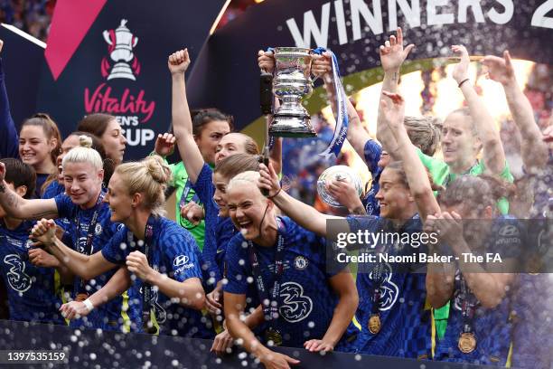 Pernille Harder of Chelsea Women celebrates with her team on the podium during the Vitality Women's FA Cup Final match between Chelsea Women and...