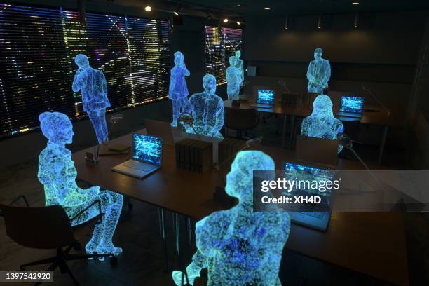 trabajando en metaverso con el horizonte de cyber city - humano-robot fotografías e imágenes de stock