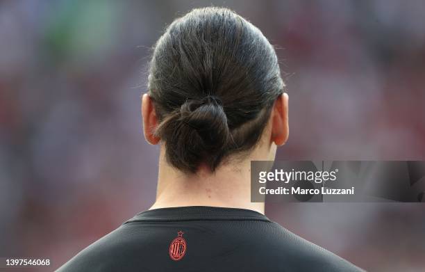 The back of Zlatan Ibrahimovic of AC Milan is shown during the Serie A match between AC Milan and Atalanta BC at Stadio Giuseppe Meazza on May 15,...