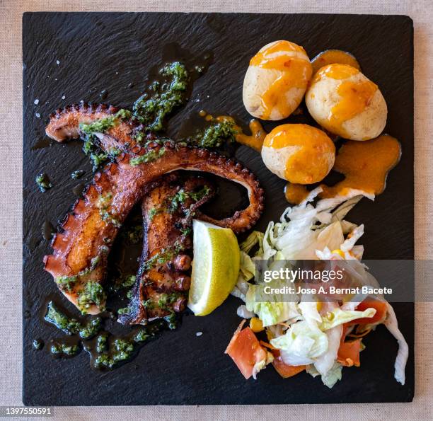 grilled octopus dish with with potatoes and salad. - aperitivo plato de comida imagens e fotografias de stock