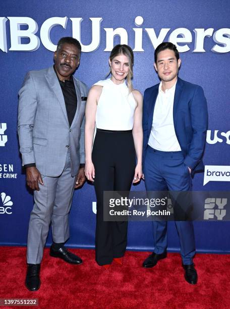 Ernie Hudson, Caitlin Bassett and Raymond Lee attend the 2022 NBCUniversal Upfront at Mandarin Oriental Hotel on May 16, 2022 in New York City.