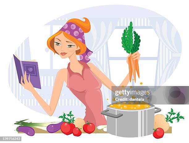 illustrazioni stock, clip art, cartoni animati e icone di tendenza di cucina lady - madre casalinga