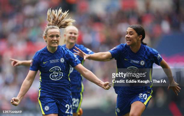 Erin Cuthbert of Chelsea Women celebrates their sides second goal with team mate Sam Kerr during the Vitality Women's FA Cup Final match between...