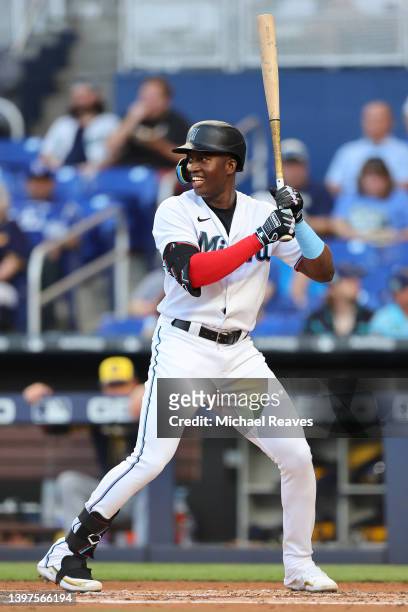 Jesus Sanchez of the Miami Marlins at bat against the Milwaukee Brewers at loanDepot park on May 13, 2022 in Miami, Florida.