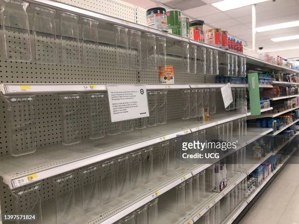Baby formula shortage, empty shelves at Target due to product recall and supply chain issues, Queens, New York.