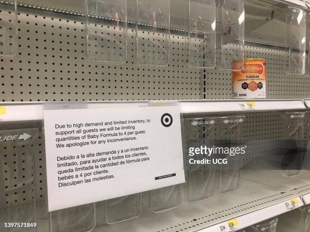 Baby formula shortage, empty shelves at Target due to product recall and supply chain issues, Queens, New York.