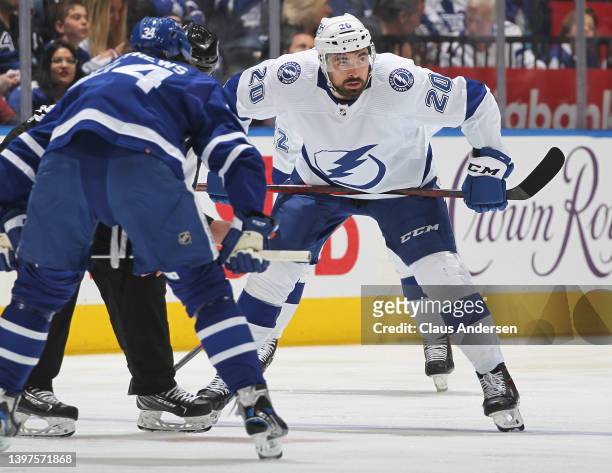 Nicholas Paul of the Tampa Bay Lightning gets set to take a faceoff against Auston Matthews of the Toronto Maple Leafs during Game Seven of the First...