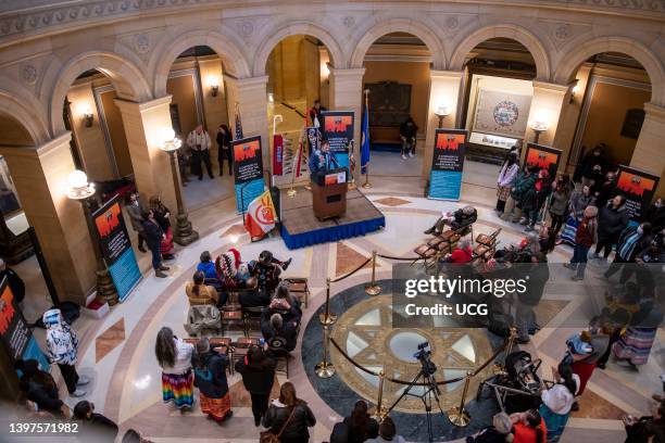 St. Paul, Minnesota. Joe Hobot, president and CEO of American Indian OIC speaks at a rally at the Capitol in support of legislation to spend nearly...