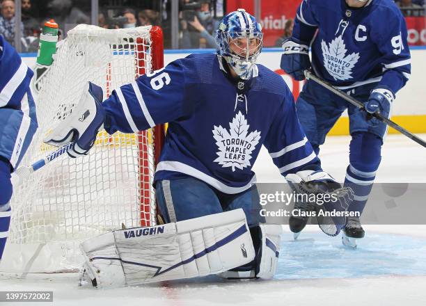 Jack Campbell of the Toronto Maple Leafs watches for a rebound against the Tampa Bay Lightning during Game Seven of the First Round of the 2022...