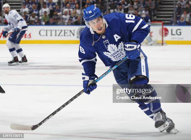 Mitchell Marner of the Toronto Maple Leafs skates against the Tampa Bay Lightning during Game Seven of the First Round of the 2022 Stanley Cup...