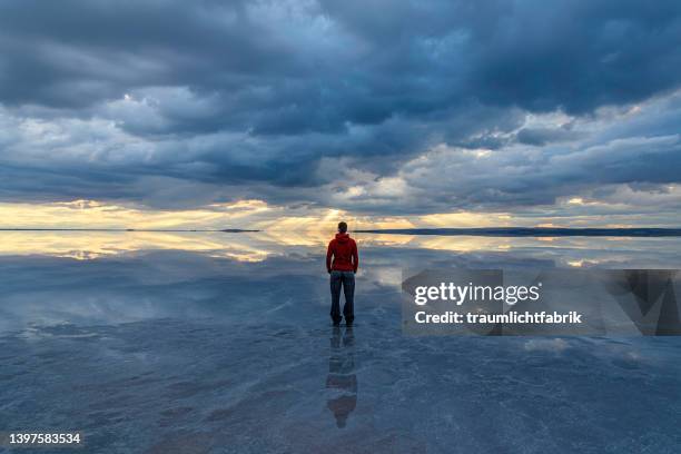 woman standing on salt lake in dramatic mood - unendlich stock-fotos und bilder