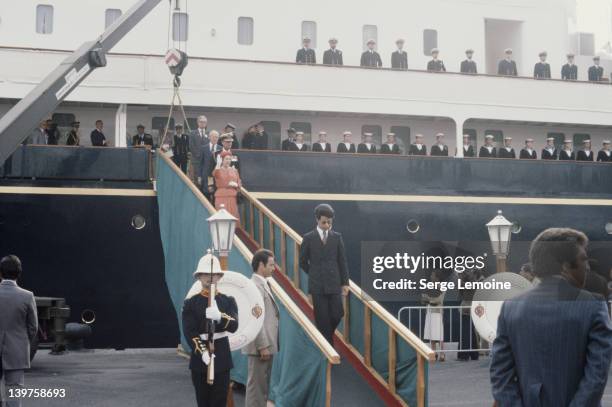 Queen Elizabeth II arrives in Algeria for a state visit, and disembarks from the royal yacht 'Britannia', accompanied by her husband Prince Philip...