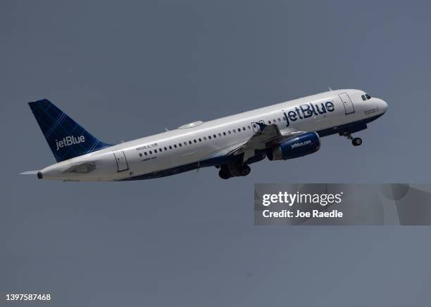 JetBlue Airlines plane takes off from the Fort Lauderdale-Hollywood International Airport on May 16, 2022 in Fort Lauderdale, Florida. JetBlue...