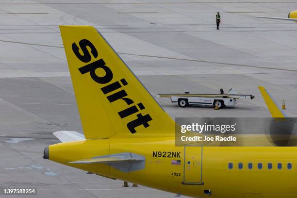 Spirit Airlines plane is prepared for a flight at the Fort Lauderdale-Hollywood International Airport on May 16, 2022 in Fort Lauderdale, Florida....