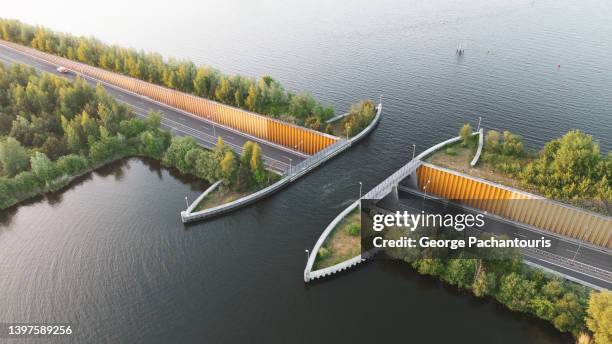 aerial  photo of aqueduct veluwemeer, a water bridge in the netherlands - veluwemeer bildbanksfoton och bilder