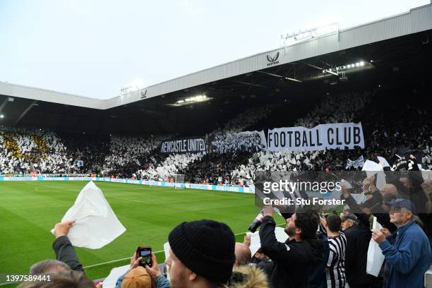 Fans of Newcastle United display a tifo in the stands prior to the Premier League match between Newcastle United and Arsenal at St. James Park on May...