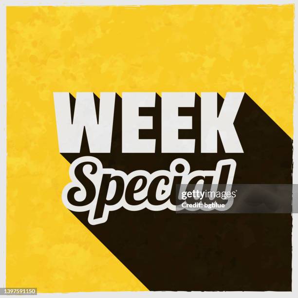 stockillustraties, clipart, cartoons en iconen met week special. icon with long shadow on textured yellow background - the week in black white