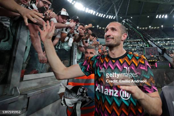 Giorgio Chiellini of Juventus interacts with fans after being substituted off during the Serie A match between Juventus and SS Lazio at Allianz...