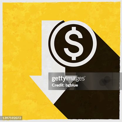 Dollar decrease. Icon with long shadow on textured yellow background Dollar decrease. Icon with long shadow on textured yellow background