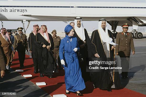 Queen Elizabeth II arrives in Riyadh during her state visit to Saudi Arabia, 17th February 1979.