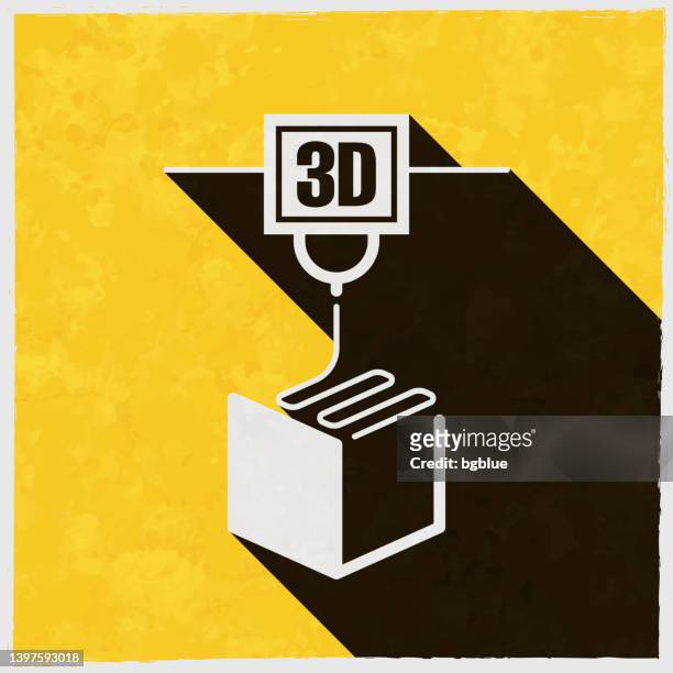 3d printer. icon with long shadow on textured yellow background - 3d printing stock illustrations
