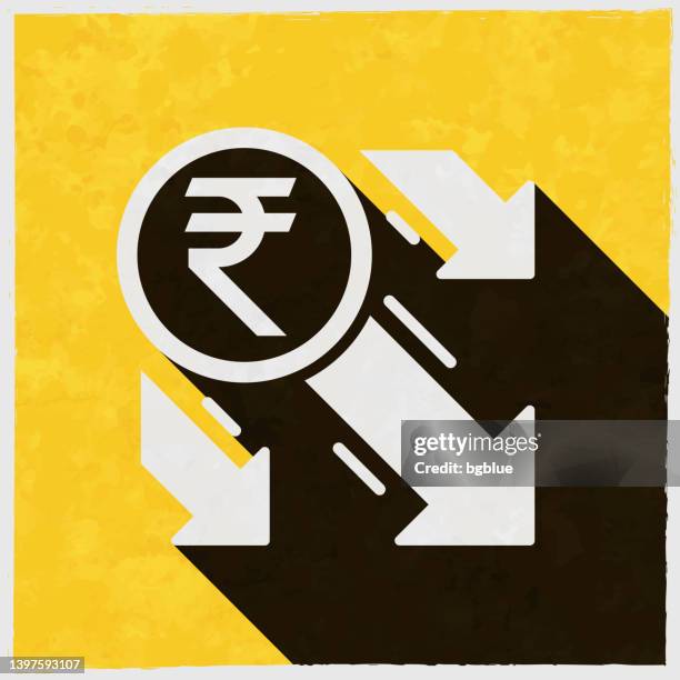 indian rupee decrease. icon with long shadow on textured yellow background - copper texture background stock illustrations