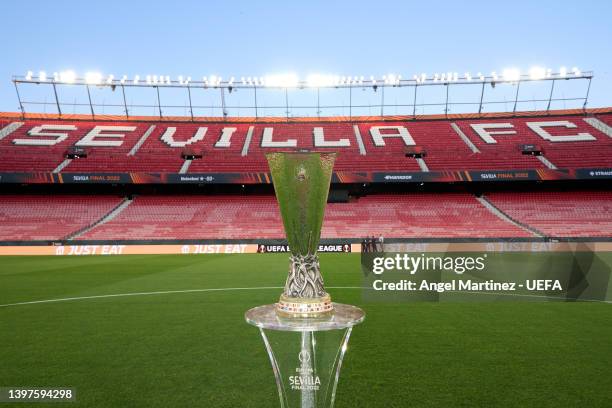 Detailed view of the UEFA Europa League trophy at Estadio Ramon Sanchez Pizjuan on May 16, 2022 in Seville, Spain. Rangers FC will face Eintracht...